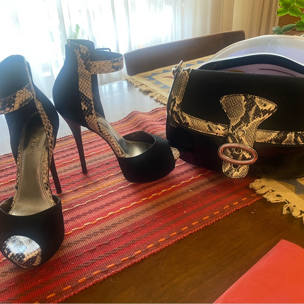 Bakers Black and Snake Pattern Heels includes free handbag shoes gently used.